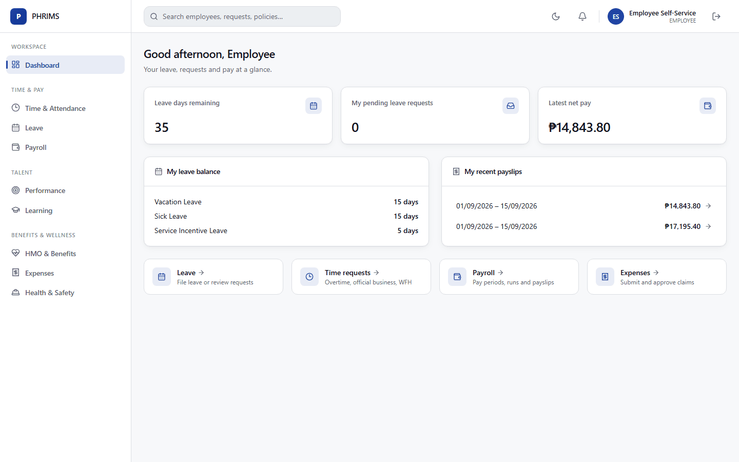 Employee self-service dashboard with leave balances and recent payslips