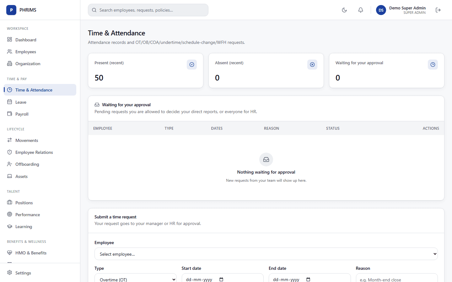 Time and attendance screen with overtime, official business, and WFH requests