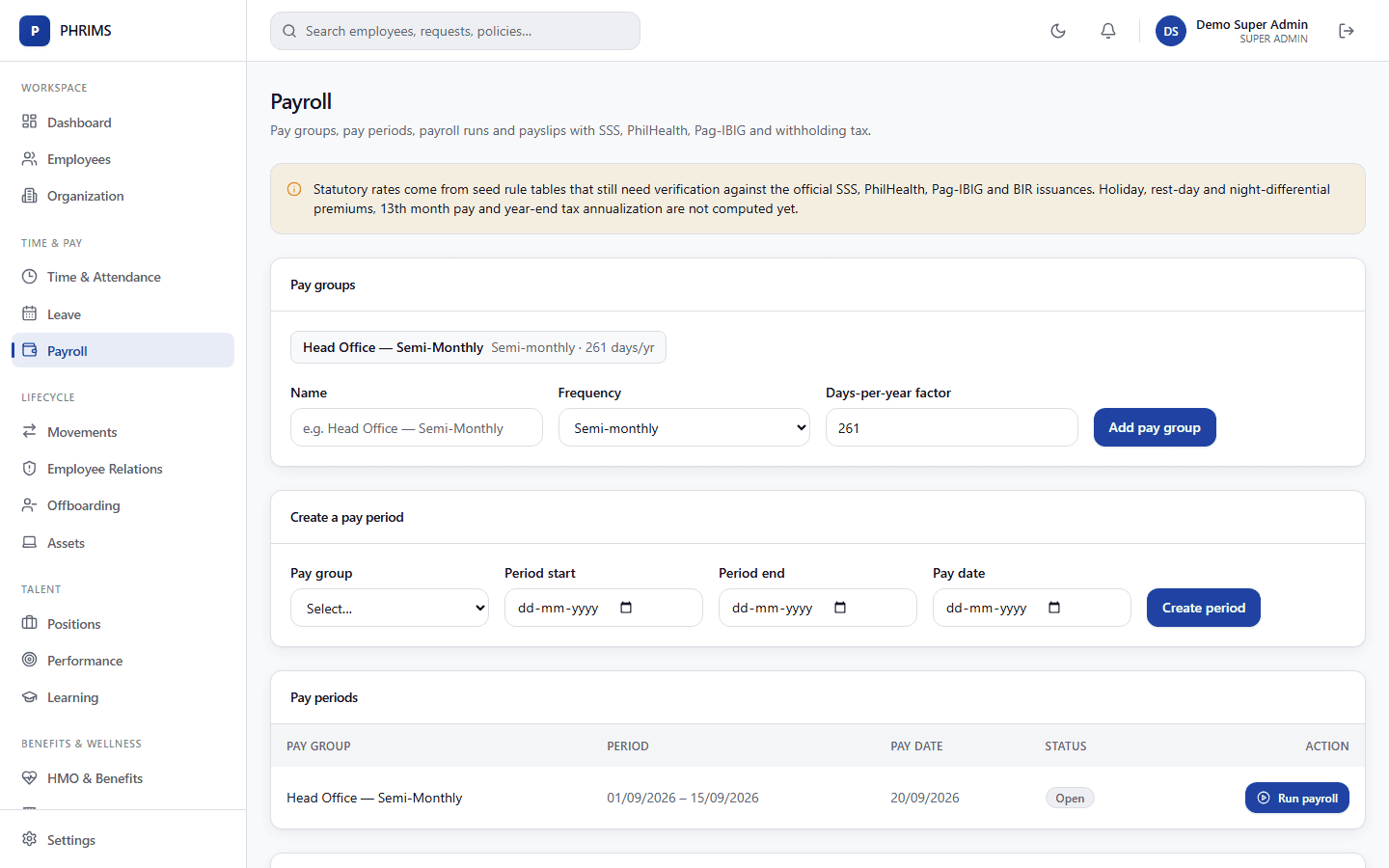 Payroll screen listing pay periods and payroll runs